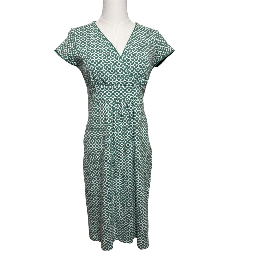 Boden Lola Jersey Dress Green White Geometric Faux Wrap Empire Waist WH980 US 4P